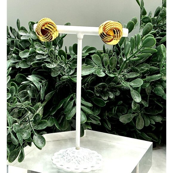 Gold-Tone Knot Stud Earrings With Textured and Polished Design - Picture 4 of 5